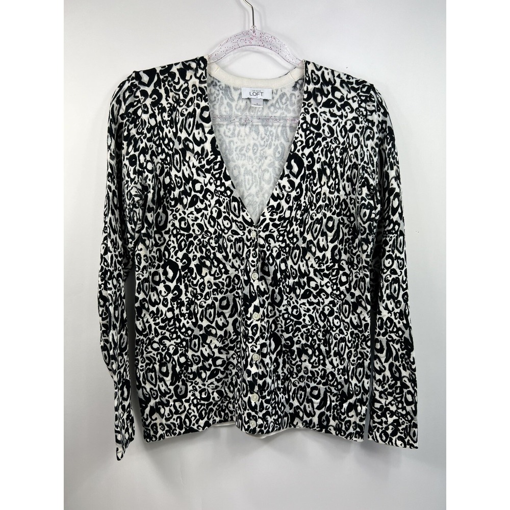 LOFT‎ Cardigan Sweater Women's Size S V-Neck Black/White Print Button Up